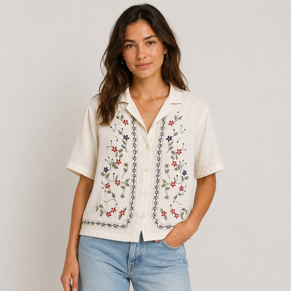Maggie & Max Button-Up Top Womens Size 1X Cotton Embroidered Floral Boho Vintage